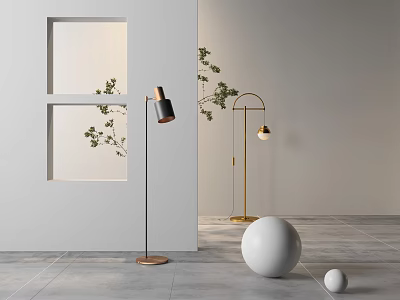 Modern Floor Lamps with Black Copper Gold Designs in Minimalist Room with Green Plants 3d model