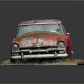 Rusty Old Red Car Model Displayed On Dirt And Grass Base