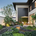 Modern Courtyard Garden With Stone Path Water Stream Green Plants Leisure Seats And Lighting