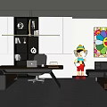 Modern Office Interior With Desk Laptop Chair Bookshelf Pendant Light Colorful Smiley Art And Sculpture