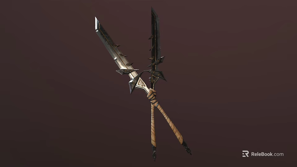 Crossed Weapons With Metal Blades Wooden Handles And Intricate Decorative Design Details 3d model 