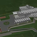 Modern Spacious Industrial Factory Exterior Surrounded By Greenery With Parking And Roads