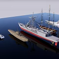 Traditional Wooden Sailing Boat Among Various Modern Ships On Water Surface