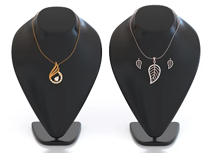 Elegant Leaf Design Necklaces with Gold Pearl and Silver Pendants on Black Stands 3d model