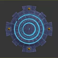 Mystical Blue Circular Platform With Glowing Runes And Yellow Flame Towers