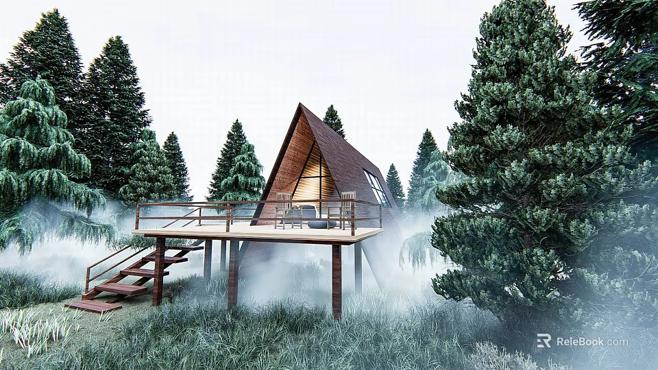 Triangular Roof Forest Guesthouse Building With Wooden Deck Staircase and Misty Surroundings 3d model 