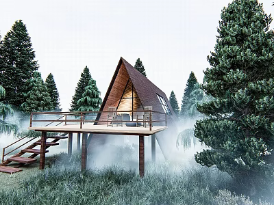 Triangular Roof Forest Guesthouse Building With Wooden Deck Staircase and Misty Surroundings 3d model