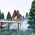 Triangular Roof Forest Guesthouse Building With Wooden Deck Staircase and Misty Surroundings