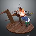 Adventurous Male And Female Characters With Sword Arrows And Cooking Pot On Wooden Stand Base