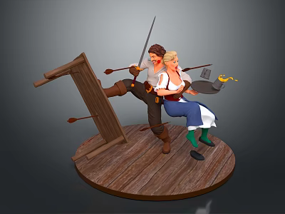 Adventurous Male And Female Characters With Sword Arrows And Cooking Pot On Wooden Stand Base 3d model