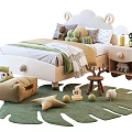 Wooden Kids Bed With Cloud Shaped Headboard Green Bedding Stuffed Toys Nightstand Leaf Rug
