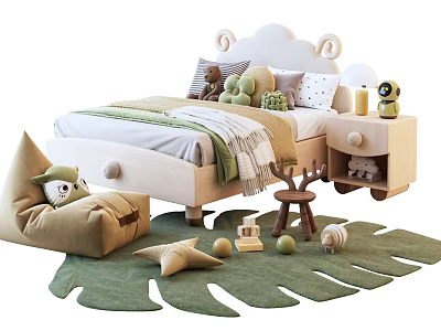 Wooden Kids Bed With Cloud Shaped Headboard Green Bedding Stuffed Toys Nightstand Leaf Rug 3d model