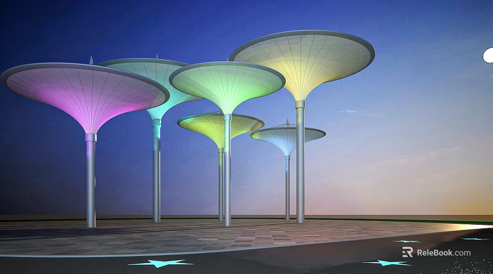 Colorful Umbrella Shaped Outdoor Structures With Supporting Pillars And Blue Sky 3d model 