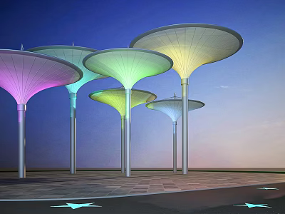 Colorful Umbrella Shaped Outdoor Structures With Supporting Pillars And Blue Sky 3d model