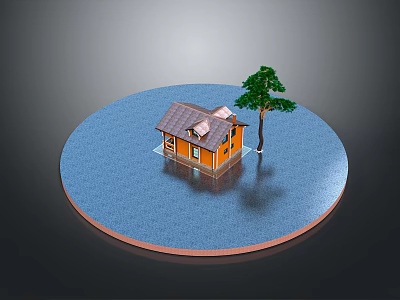 Small Orange House with Solar Panels beside a Tree on Circular Blue Platform with Reflection 3d model