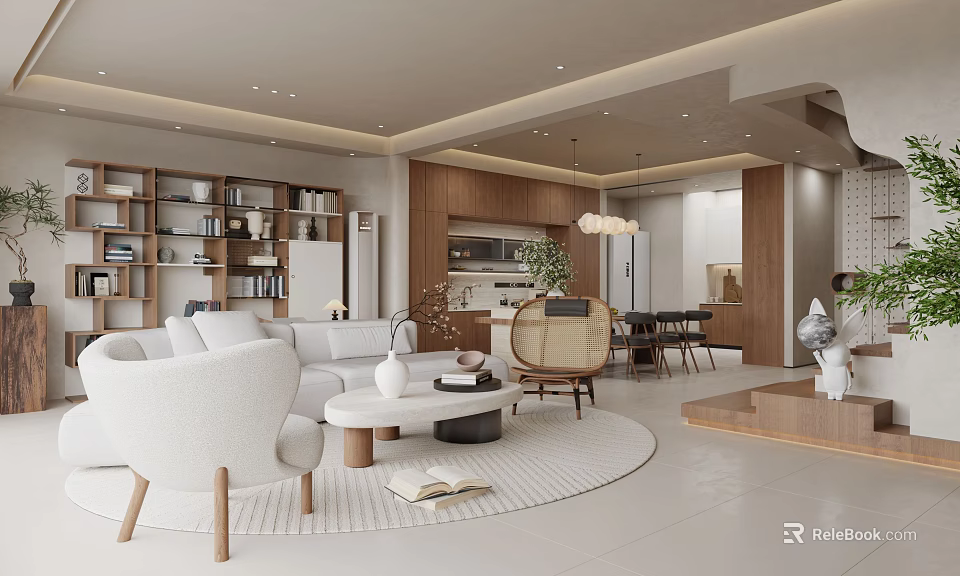 Modern Living And Dining Room Interior With Sofa Coffee Table Dining Table And Bookshelf 3d model 