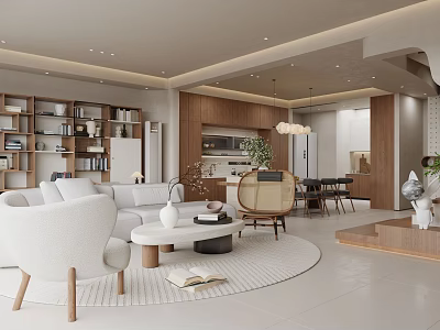 Modern Living And Dining Room Interior With Sofa Coffee Table Dining Table And Bookshelf 3d model