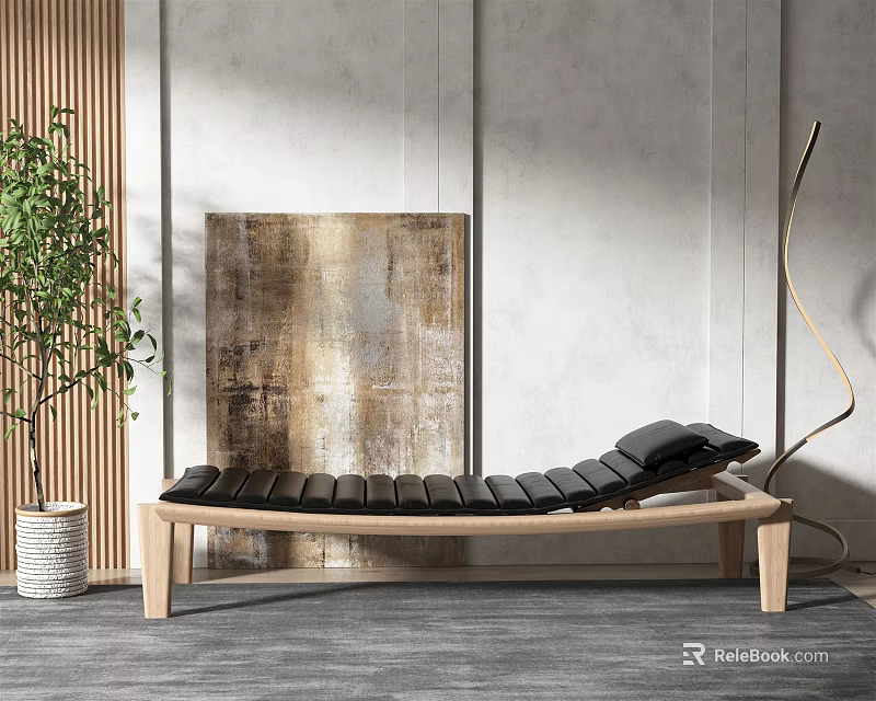 Black Wooden Chaise Lounge with Green Plant and Abstract Wall Art in Modern Gray Room 3d model 