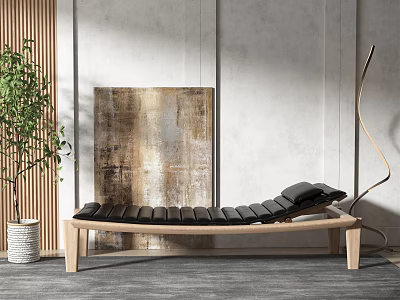 Black Wooden Chaise Lounge with Green Plant and Abstract Wall Art in Modern Gray Room 3d model