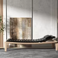 Black Wooden Chaise Lounge with Green Plant and Abstract Wall Art in Modern Gray Room