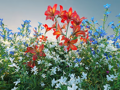 Vibrant Red Lilies Blue Flowers And White Blooms In Natural Garden With Green Leaves 3d model