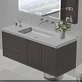 Modern Bathroom Vanity with Wooden Cabinet White Countertop Flower Vase and Mirror