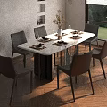 Dining Table Set With Marble Top Six Brown Leather Chairs Natural Light And Garden View