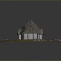 Cartoon Scene of Traditional Longhouse with Curved Grass Roof Wooden Walls Stones on Grassy Ground