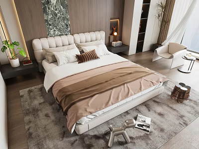 Italian Light Luxury Double Bed Leather Double Bedroom Bedside Background Wall Balcony Leisure Chair 3d model