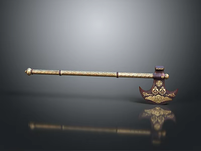 Ancient Decorative Hammer Weapon With Intricate Golden Patterns And Long Handle 3d model