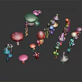 Cartoon Style Colorful Mushrooms With Different Shapes Colors On Black Background And Reflections