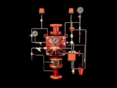Red Industrial Fire Protection System With Valves Pipes And Pressure Gauges 3d model
