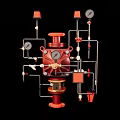 Red Industrial Fire Protection System With Valves Pipes And Pressure Gauges