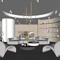 Modern Office Interior Design With White Sofas Accent Chairs Chandelier Bookshelves And Green Plant