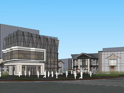 Urban Modern Architecture With Glass Curtain Wall And Pedestrians On Street 3d model