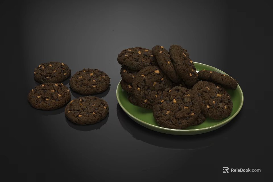 Delicious Chocolate Cookies With Nuts On Green Plate And Scattered Around 3d model 