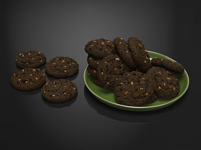 Delicious Chocolate Cookies With Nuts On Green Plate And Scattered Around 3d model