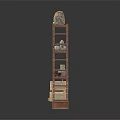 Tall Brown Wooden Shelf With Multiple Shelves Holding Decorative Stone Jar And Box