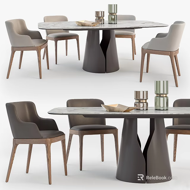 Modern Dining Table Set With Marble Tabletop And Gray Upholstered Wooden Chairs 3d model 