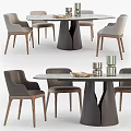 Modern Dining Table Set With Marble Tabletop And Gray Upholstered Wooden Chairs