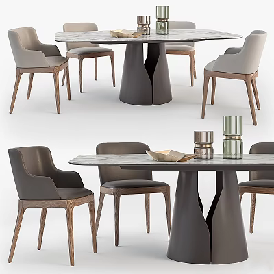 Modern Dining Table Set With Marble Tabletop And Gray Upholstered Wooden Chairs 3d model