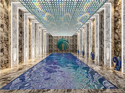 Luxurious Swimming Pool Interior With Colorful Ceiling Design Marble Columns And Decorative Vases 3d model