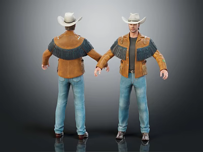 Man Wearing White Hat Brown Fringe Jacket Black T-shirt And Blue Jeans Front Back View 3d model