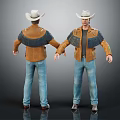 Man Wearing White Hat Brown Fringe Jacket Black T-shirt And Blue Jeans Front Back View