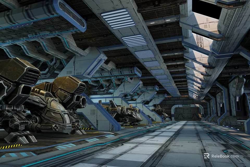 Cartoon Style Futuristic Mechanical Factory Scene With Large Devices And Metal Structures 3d model 