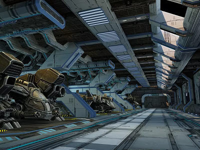 Cartoon Style Futuristic Mechanical Factory Scene With Large Devices And Metal Structures 3d model