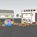 Outdoor Grocery Store Stall Display With Flowers Fruits Wooden Crates And Colorful Flags