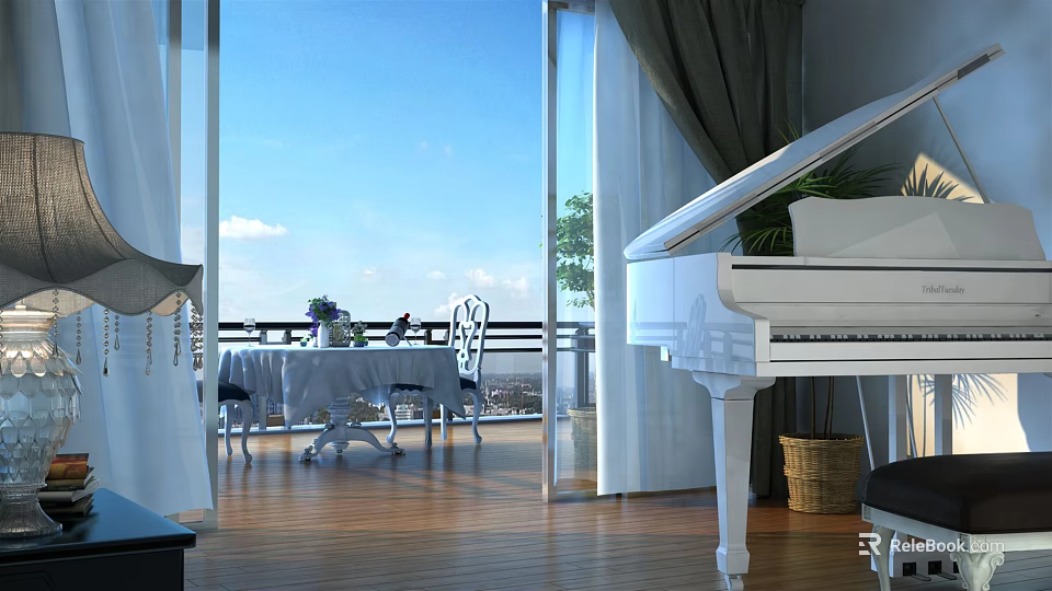 Bright Piano Room Interior With White Grand Piano And Scenic View 3d model 
