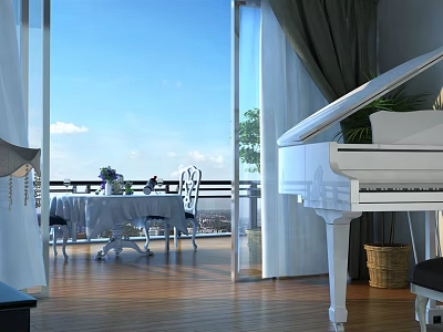 Bright Piano Room Interior With White Grand Piano And Scenic View 3d model