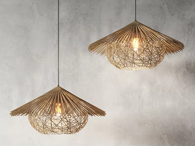 Natural Rattan Pendant Lights With Umbrella Shaped Design And Warm Glow On Gray Wall 3d model